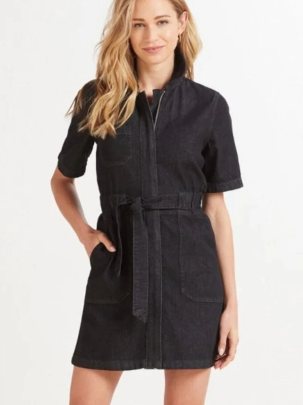 French Connection Black Denim Belted Utility Shirt Dress